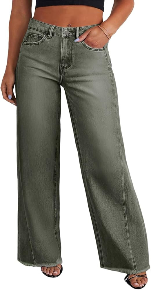Eytino Women's Plus Size Wide Leg Jeans Elastic High Waist Stretchy Raw Hem Denim Pants with Pock... | Amazon (US)