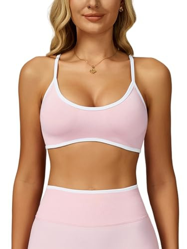 ABOCIW Womens Workout Sports Bras Color Block Seamless Strappy Sports Bra Camisole Tank Gym Athletic Yoga Summer Crop Tops Light Pink Small | Amazon (US)