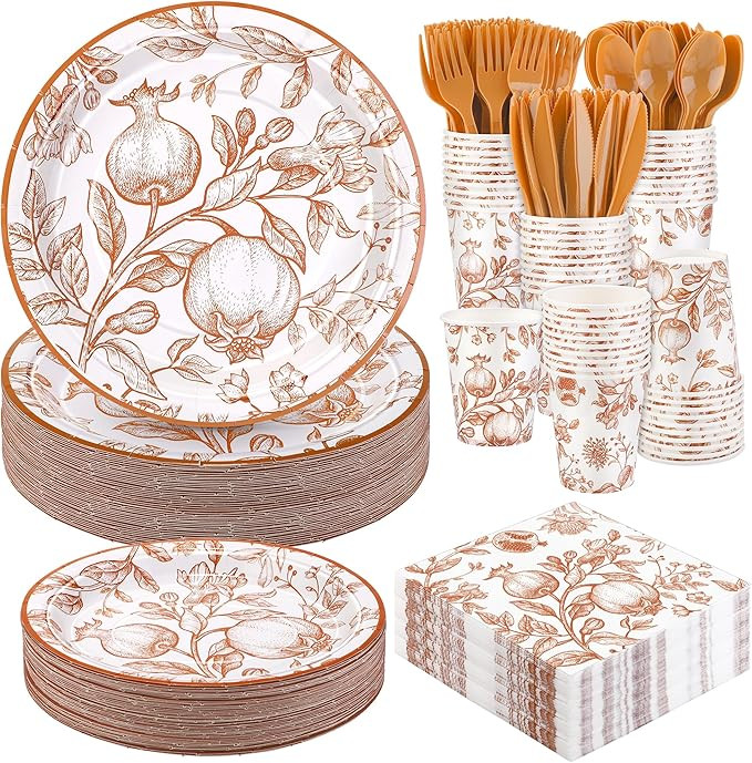 400 Pieces Fall Vintage Pomegranate Disposable Party Tableware Sets Including Orange Floral Plate... | Amazon (US)