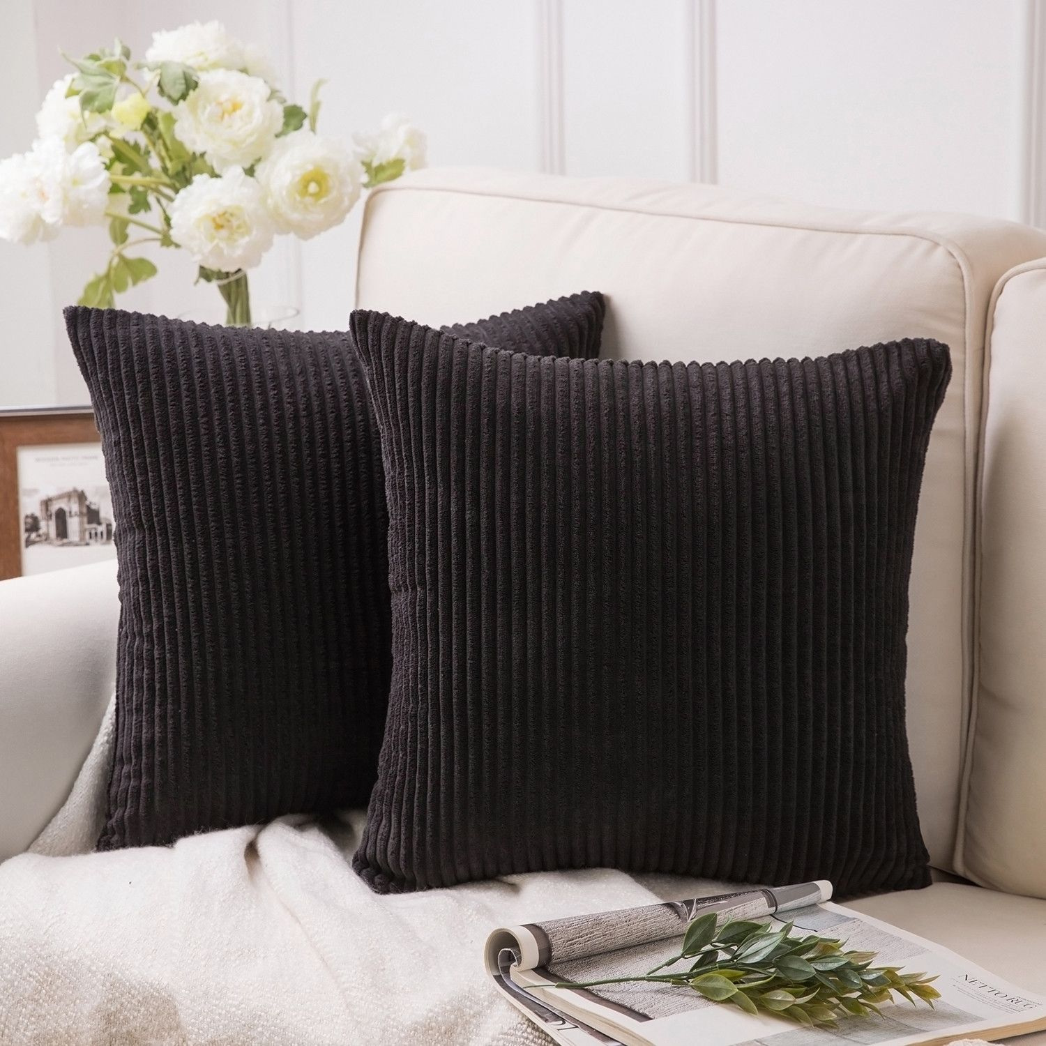 Soft Corduroy Striped Velvet Square Decorative Throw Pillow Cusion For Couch, 20" x 20", Black, 2... | Walmart (US)