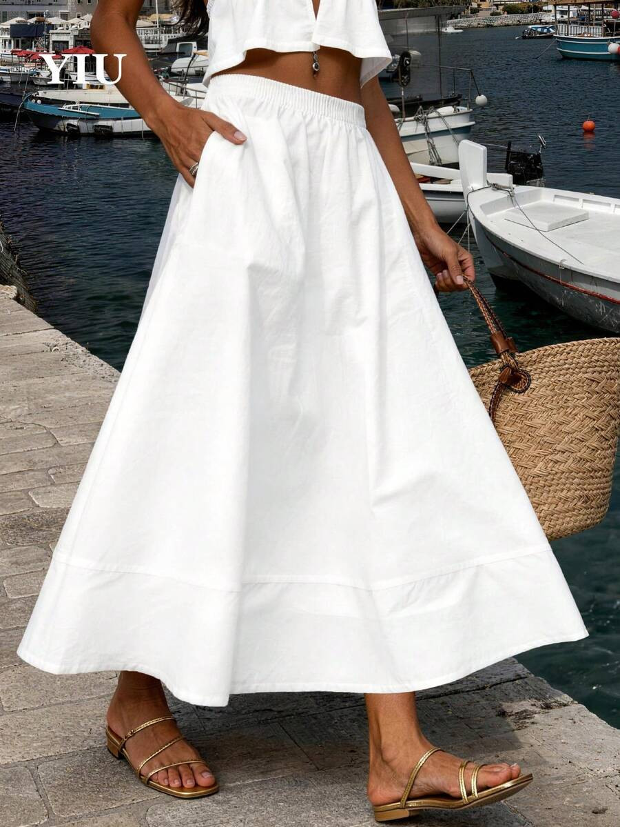 YIU Women's White A-Line Minimalist Elegant Maxi Dress, Made Of Polyester, With Pockets, Non-Stre... | SHEIN