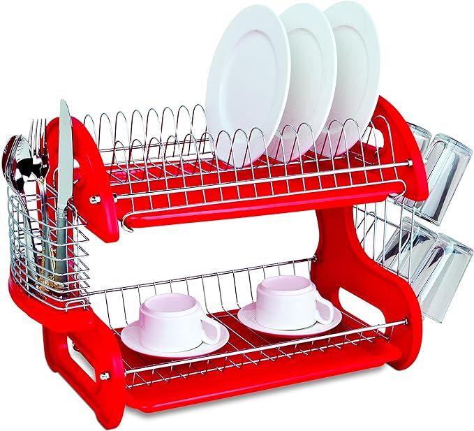 Home Basics Plastic 2-Tier Dish Drainer Rack, Air Drying and Organizing Dishes, Side Mounted Cutl... | Amazon (US)