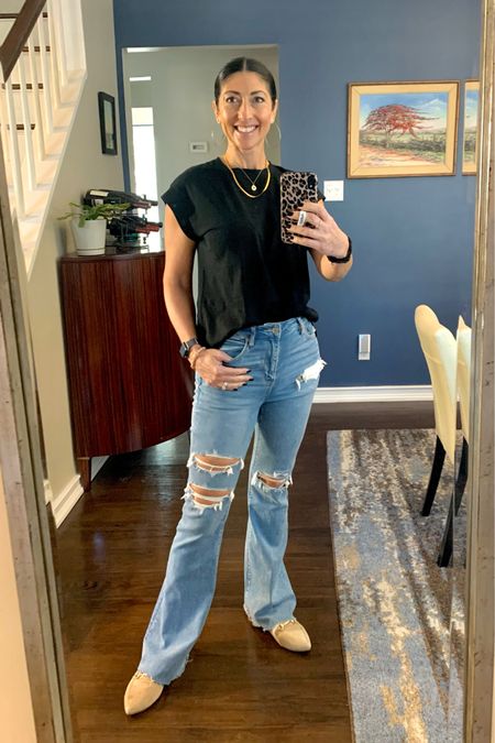 OOTD. American Eagle distressed bootcut jeans. Target muscle tee. Steve Madden sided mules with gold detail  

#LTKshoecrush #LTKstyletip #LTKunder50
