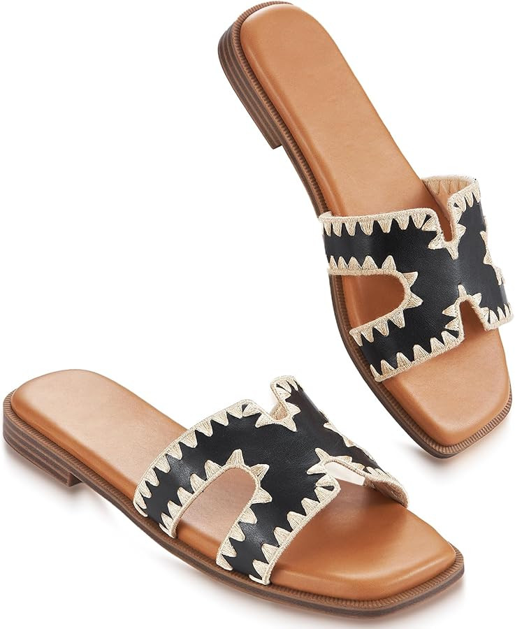 Womens Sandals Slip On Fashion Flat Sandals Soft Memory Foam Slides Comfortable Leather Open Toe ... | Amazon (US)