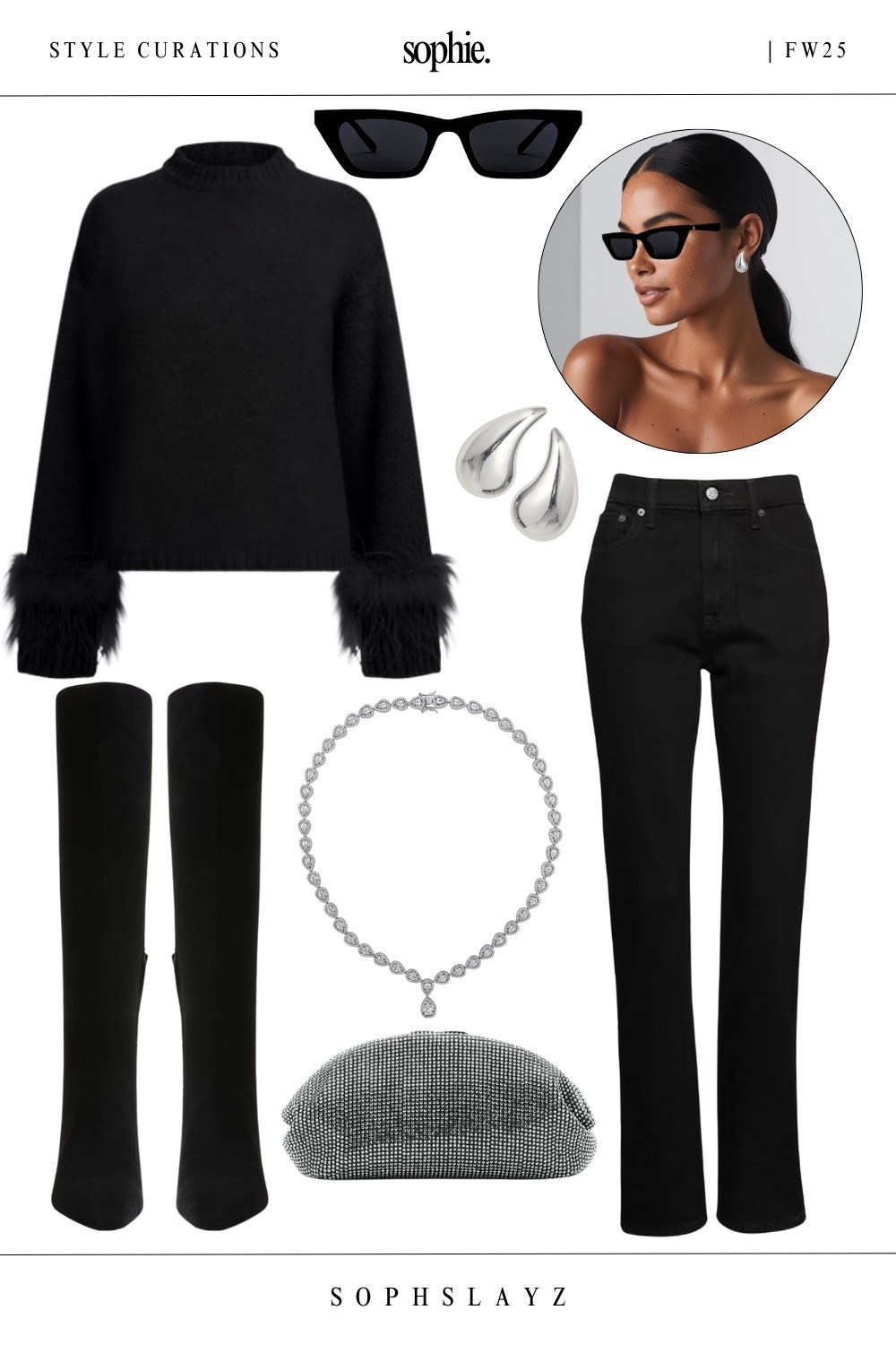 This look: feather cuffed sweater, black denim, suede knee boots, crystal clutch, silver jewelry. Because all black doesn’t mean boring. Perfect for dinner parties, rooftop drinks, or elevated casual outings. 

🔎 oversized sweater, black sweater, winter casual outfit, fall casual outfit, fw25, all black outfit, suede boots, black boots, denim outfit, jeans outfit

#LTKootd