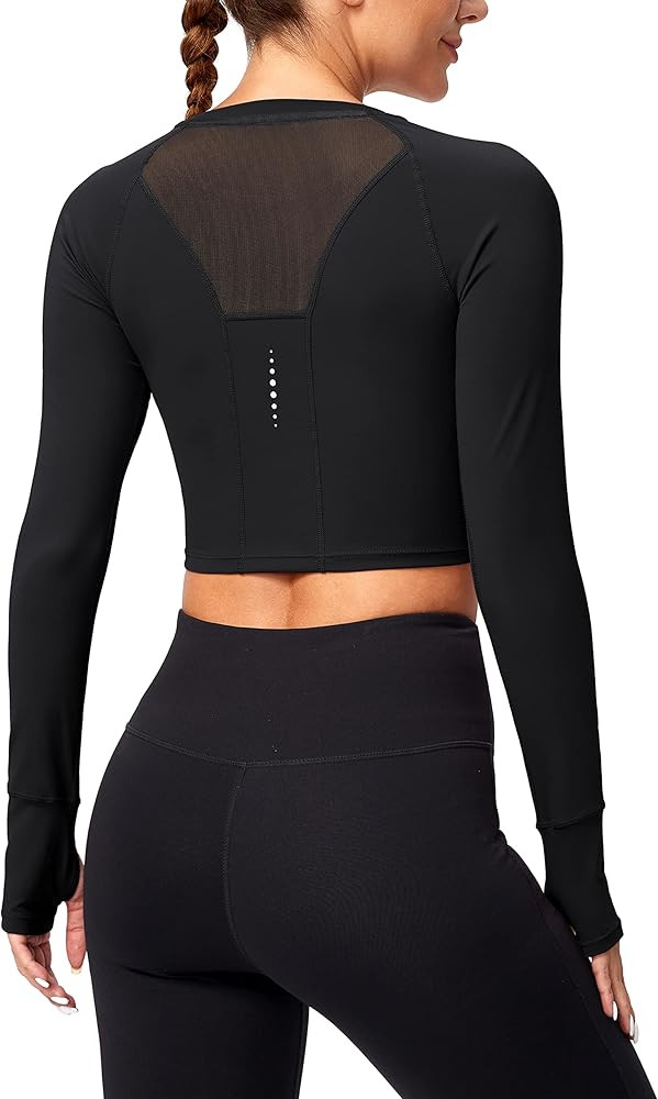 SANTINY Women's Long Sleeve Crop Workout Tops Slim Fit Gym Yoga Running Shirts for Women | Amazon (US)