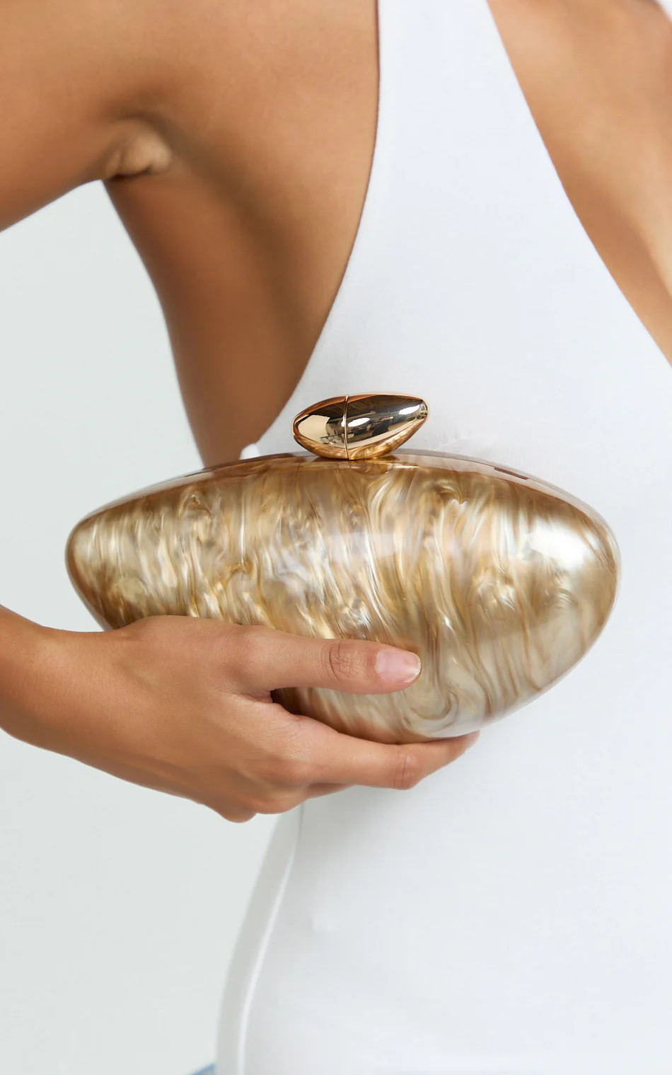 Nami Clutch Bag with Hardware Detail in Beige | Showpo (US, UK & Europe)