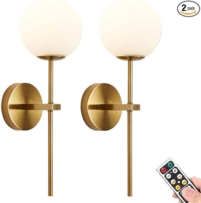 KEFA Gold Battery Operated Wall Sconces Set of 2, Modern Remote Wall Lamp Globe Glass Shade, Not ... | Amazon (US)