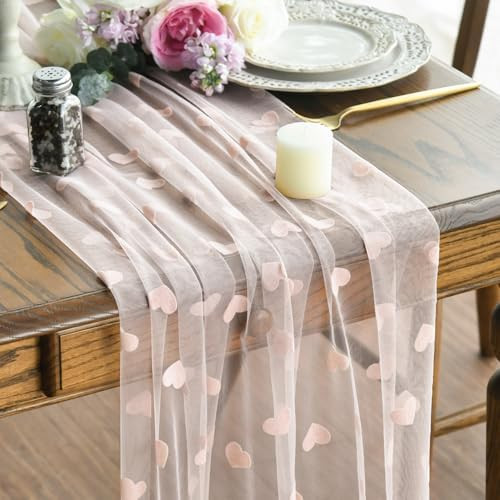 Artoid Mode Pink Heart Gauze Table Runner 120 Inch 10FT, Mother's Day Sheer Dining Anniversary We... | Amazon (US)