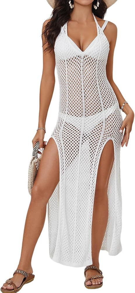 Bsubseach Crochet Beach Cover Ups for Women Long Swimsuit Cover Up Halter V Neck Knit Beach Dress | Amazon (US)