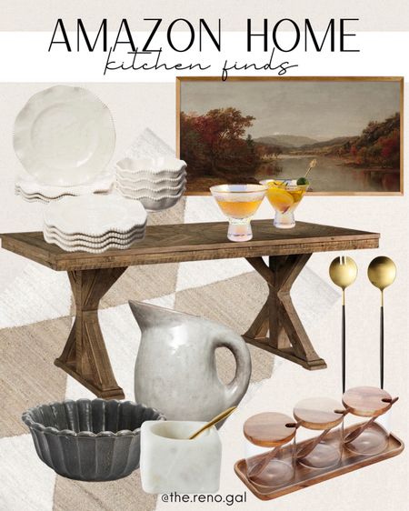 Kitchen styling! Dining room styling! 

Amazon kitchen, Amazon dining room, dining decor, kitchen decor, large wood dining table, scallop dinner plates, white plates, ceramic pitcher, white pitcher, organic decor, modern farmhouse decor, vintage wall art, landscape wall art, gold and black serving utensils, gold silverware, gold flatware, black mixing bowl, white marble salt dish, white diamond jute rug, martini glasses, cocktail glasses, sugar bowls, honey bowl 


#founditonamazon #amazonfinds #amazonhome

#LTKSaleAlert #LTKFindsUnder100 #LTKHome