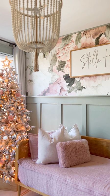 Christmas kids room, children’s room, girls room, boys room, Christmas tree holiday decor home accessories and decor 7 1/2 foot flocked. Pre-lit Manchester spruce Christmas tree, daybed area, rug, rug, boutique rugs, kids spaces, children’s room, design, floral wallpaper, vintage, blush pink. Open shelves bookshelf decor 

#LTKHoliday #LTKhome #LTKkids