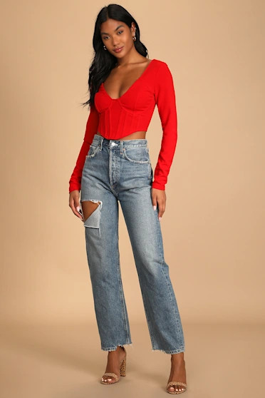 Got You Impressed Red Long Sleeve Bustier Crop Top | Lulus (US)