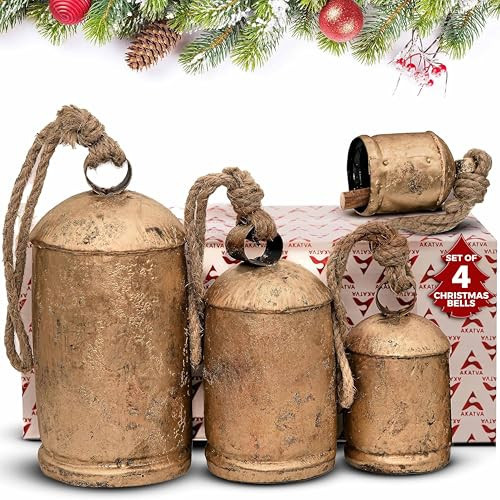 Akatva Large Christmas Bells for Decoration – Cow Bells for Rustic Christmas Decor – Gold Bells for Christmas Decorations – Vintage Bells – Rustic Bells on Rope – Set of 4 Pieces - Brass Rustic Finish | Amazon (US)