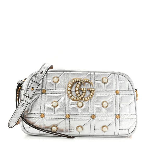 Metallic Calfskin Matelasse Studded Small Pearly GG Marmont Chain Shoulder Bag Silver | FASHIONPHILE (US)