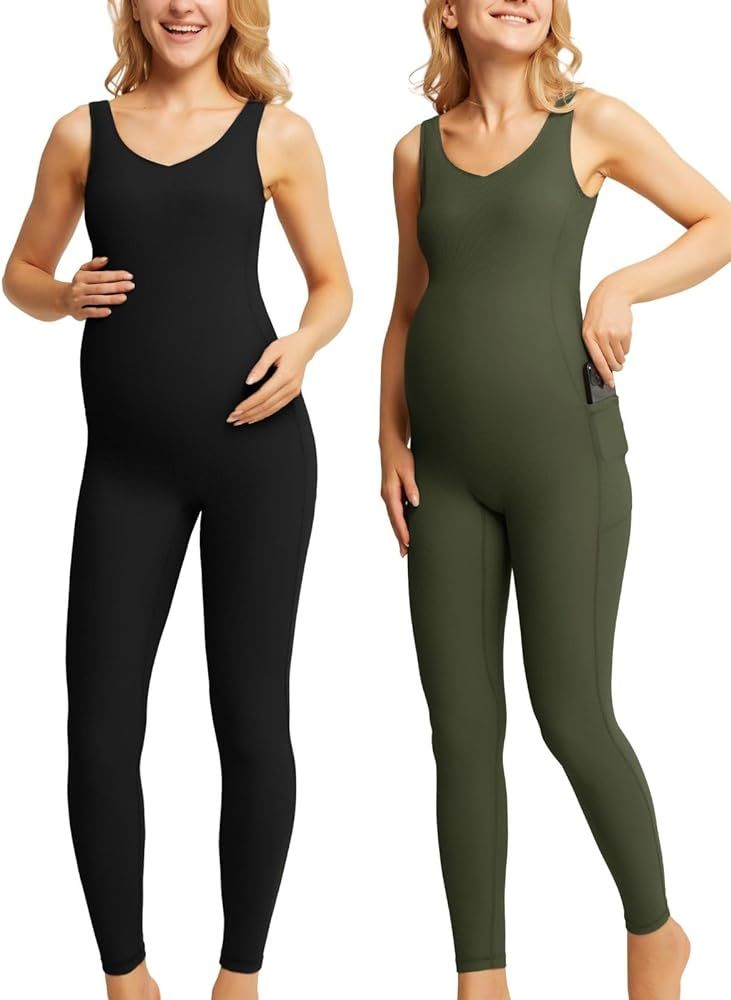 Maacie Maternity Jumpsuit Set Ribbed Romper Sleeveless Bodysuit 2 Pieces Set | Amazon (US)