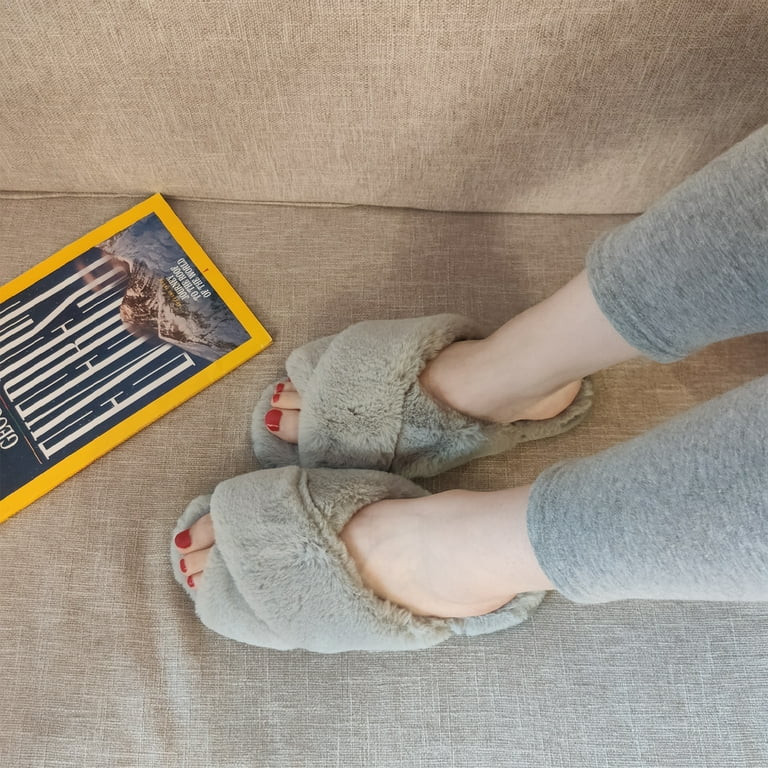 VONMAY Women's Slippers Plush Cross Band Open Toe Slides Fuzzy SPA House Slippers | Walmart (US)