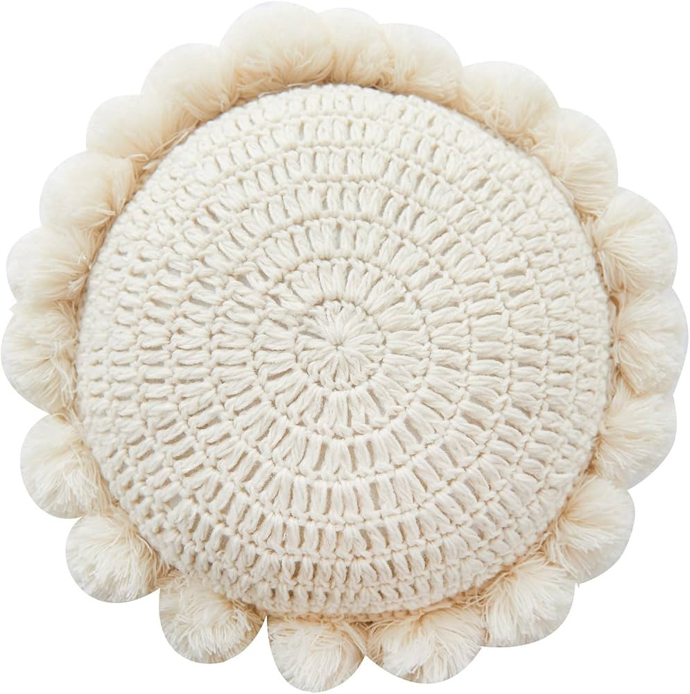 Boho Round Throw Pillow with Cute Handmade Pom Poms Tassels Trim, Decorative Circular Knitted Cro... | Amazon (US)