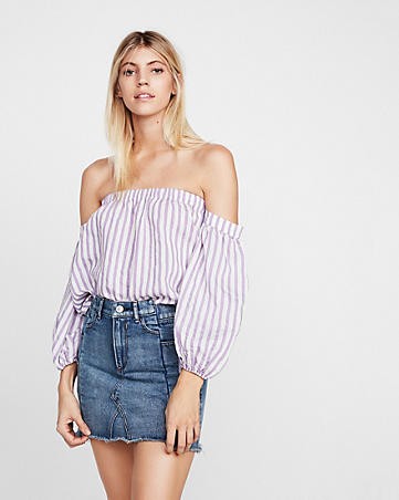 Striped Off The Shoulder Balloon Sleeve Blouse | Express