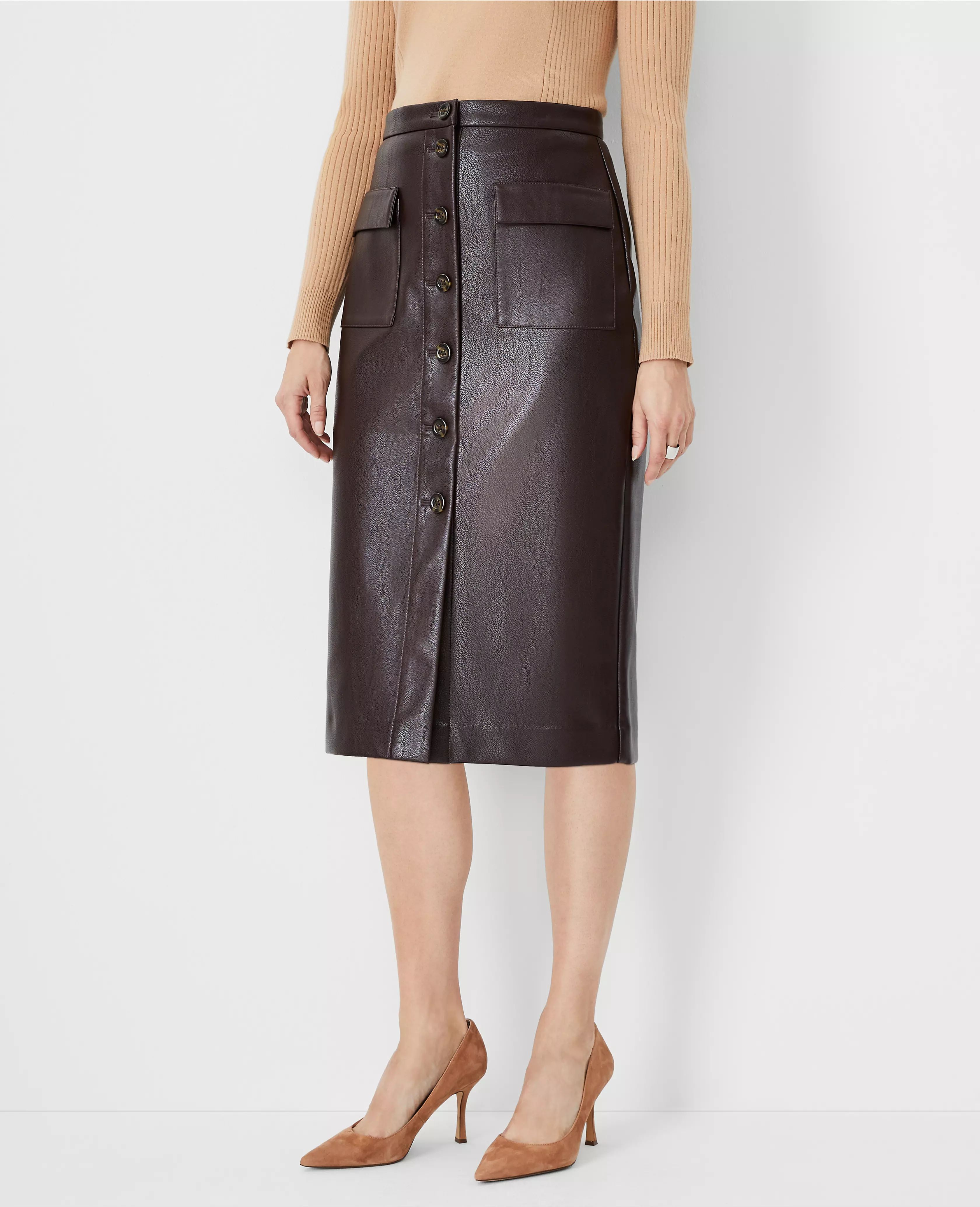 Petite Pebbled Faux Leather Button Pocket Pencil Skirt | Ann Taylor (US)