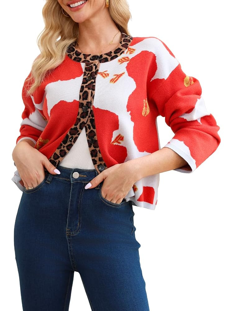 Floral Cardigan Sweater Women's Long Sleeve Leopard Open Front Knit Jacket Button Down Fall Casua... | Amazon (US)