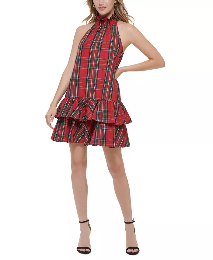 Women's Plaid-Print Halter-Neck Ruffled Dress | Macys (US)