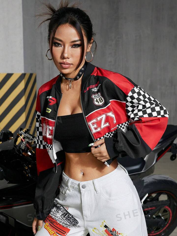 ROMWE PUNK Letter And Plaid Pattern Cropped Jacket | SHEIN