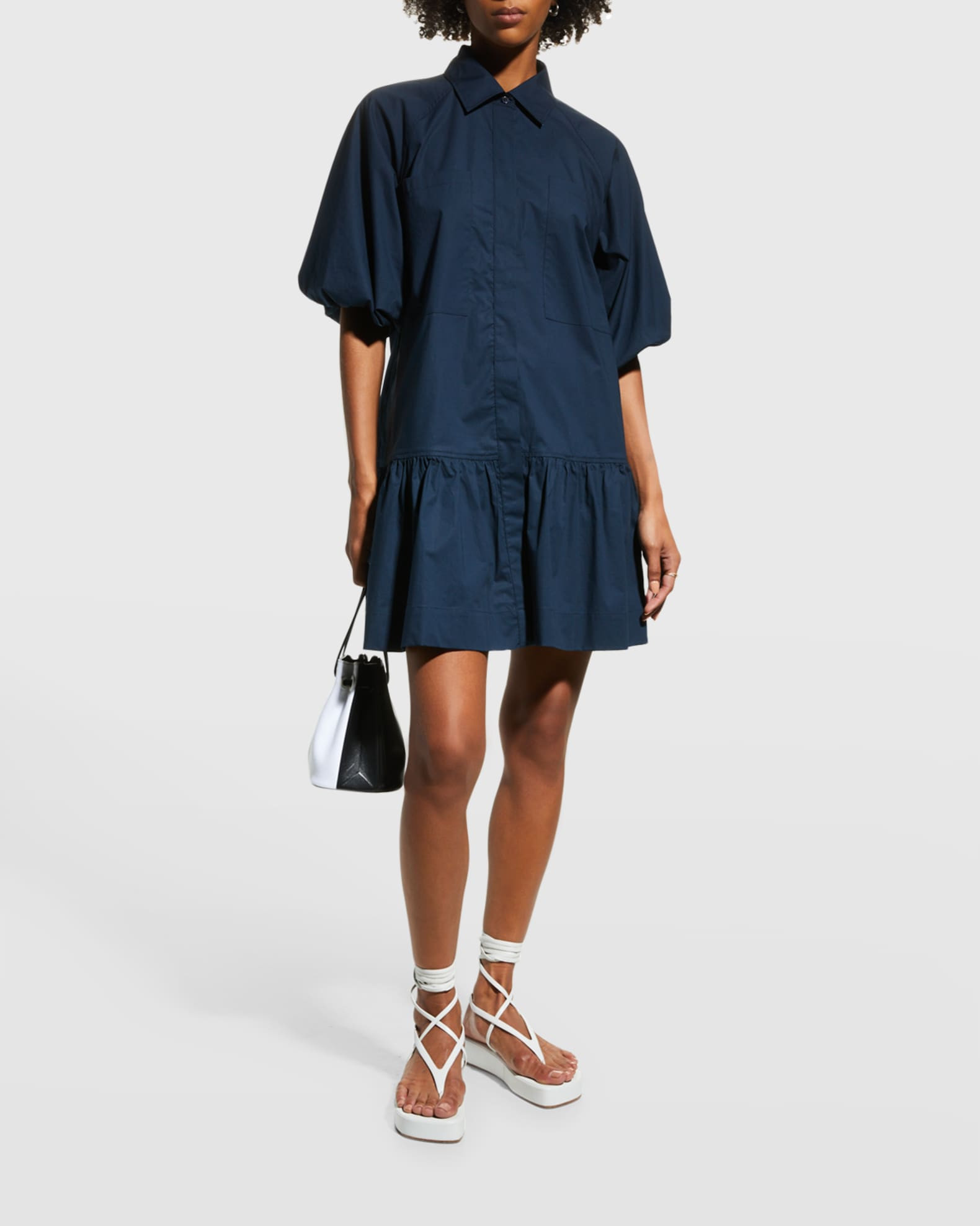 SIMKHAI Chrissy Puff-Sleeve Cotton Poplin Mini Shirtdress | Neiman Marcus