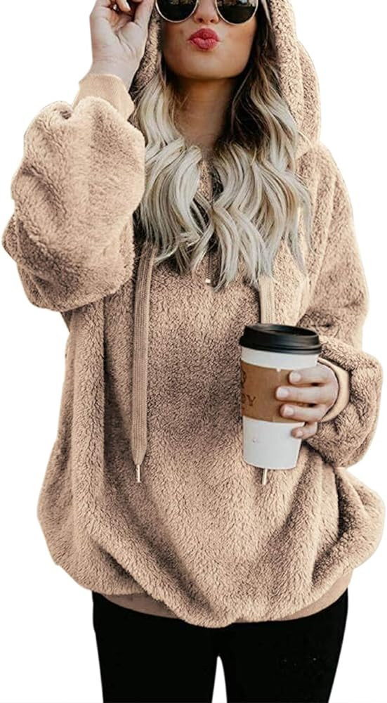 Women Casual Double Fuzzy Sweatshirt Faux Fleece Zip Pullover Hoodies Coat Outwear S-XXL | Amazon (US)