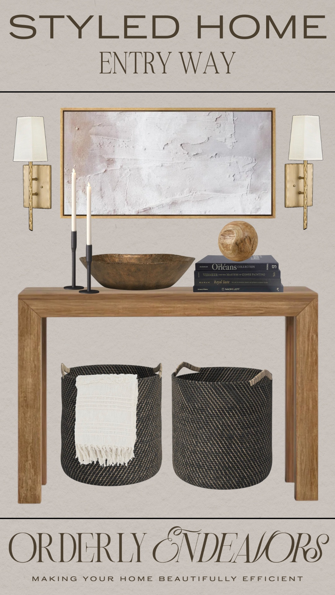 Styled entryway includes console table, baskets, throw blanket, decorative bowl, candle stick holders, stacked books, wooden ball decor, wall art, and sconces.

Home decor, neutral home decor, moody entryway, styled home

#LTKStyleTip #LTKFindsUnder100 #LTKHome