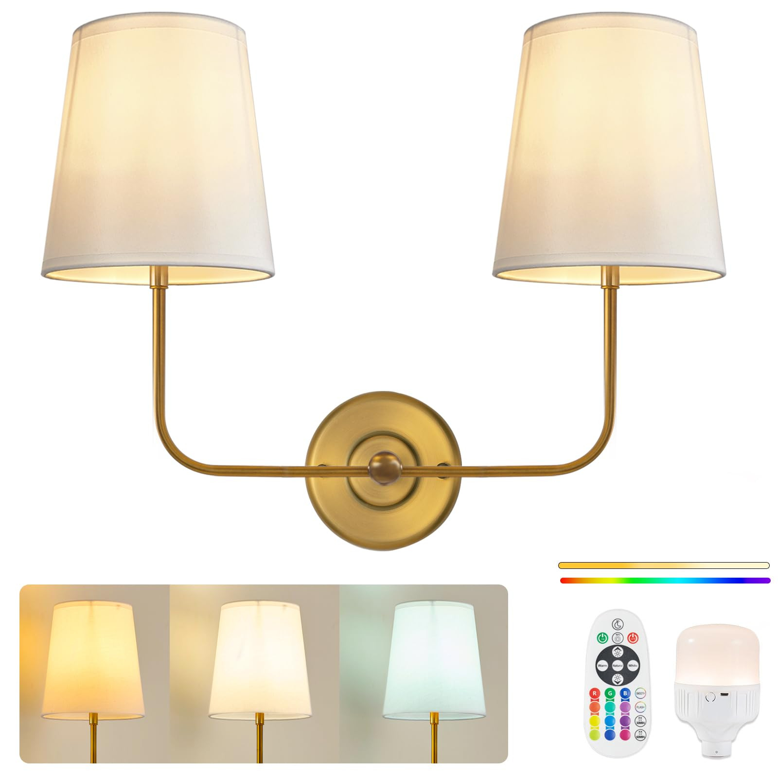 PASSICA DECOR Vintage Glod 2-Light Battery Operated Double Wall Sconce with Dual Head No Wiring D... | Amazon (US)