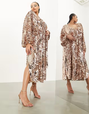 ASOS EDITION Curve batwing sleeve sequin wrap midi dress in gold | ASOS | ASOS (Global)