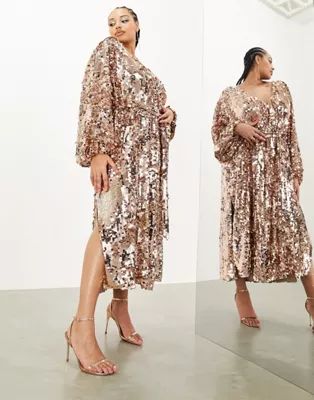 ASOS EDITION Curve batwing sleeve sequin wrap midi dress in gold | ASOS (Global)