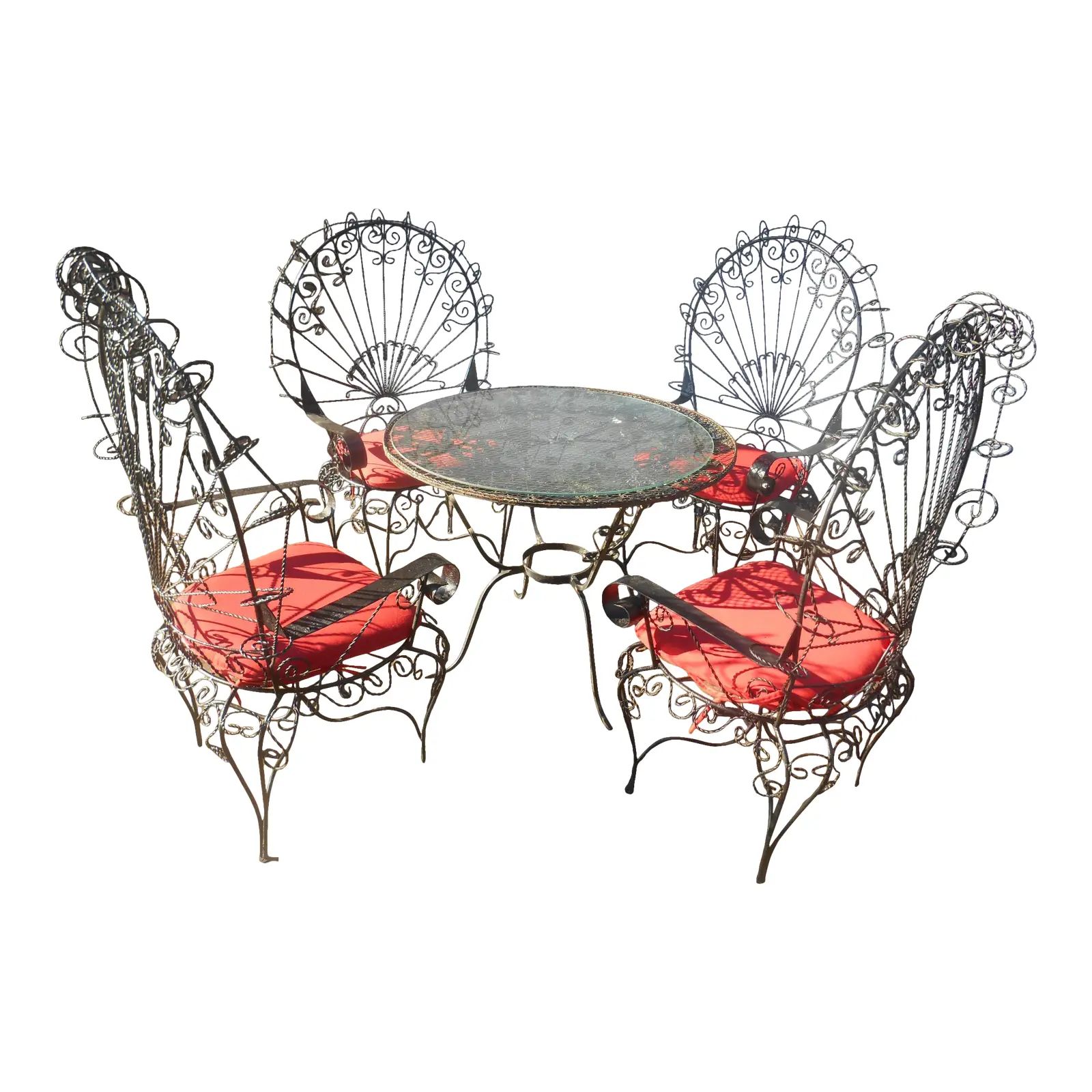 Vintage 1950-60's Twisted Wrought Iron Peacock Patio Set Attributed to Salterini | Chairish