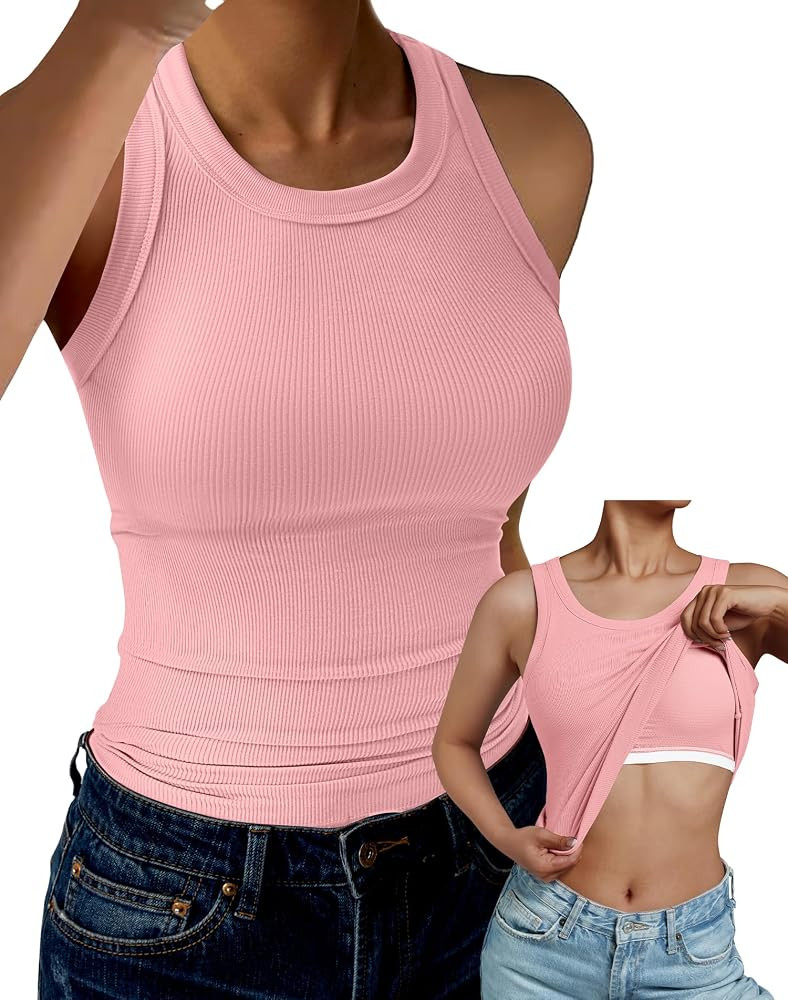 GKBK Tank Top for Women Built in Bra High Neck Ribbed Basics Tops Racerback Fitted Bra Tanks | Amazon (US)