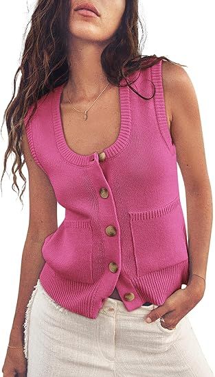 Yousify Womens Sweater Vest Summer Ribbed Tank Tops Sleeveless Button Down Shirts Scoop Neck Top ... | Amazon (US)