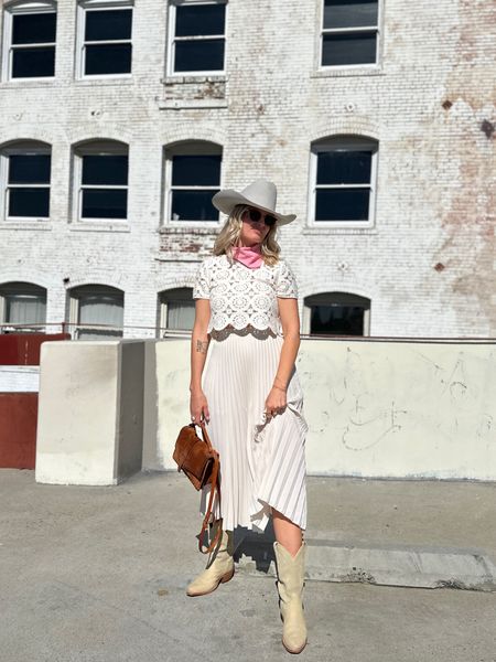 Maxi pleated skirt
Western cattleman hat
Crochet top
Western cowgirl boots
Suede purse
Handkerchief
Fall outfit inspiration as a coastal 🤠 

#LTKover40 #LTKstyletip #LTKfindsunder50