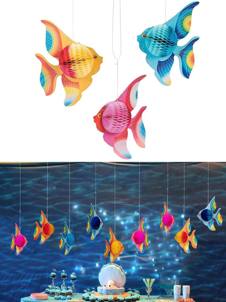 3pcs Ocean Party Decoration Set, Rainbow Honeycomb Fish Hanging Decorations, Indoor And Outdoor C... | SHEIN