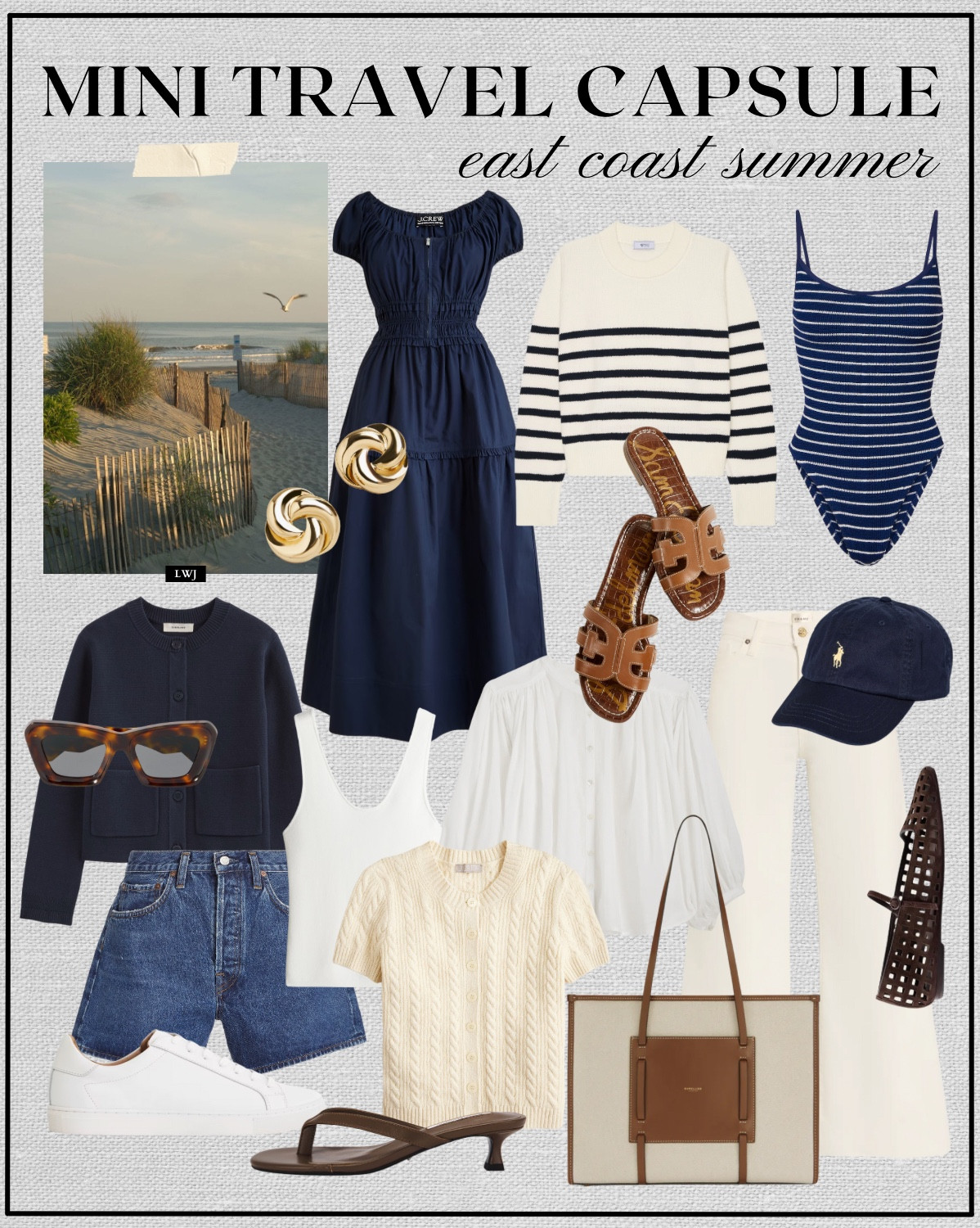 Mini travel capsule: east coast summer 

Summer style / capsule wardrobe / striped sweater / swimsuit / navy cardigan / denim shorts / sandals / baseball hat / mesh ballet flags / canvas tote / midi dress 

#LTKTravel #LTKStyleTip