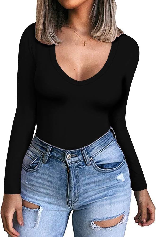 CLOZOZ Womens V Neck Long Sleeve Fitted T-Shirt Basic Tee Tops | Amazon (US)