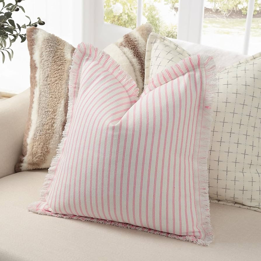 ZWJD Throw Pillow Covers 18x18 Set of 2 Striped Pillow Covers with Fringe Chic Cotton Decorative ... | Amazon (US)