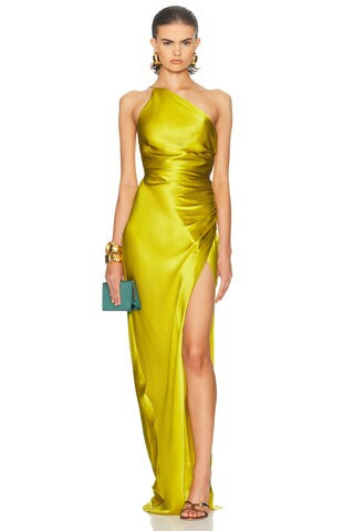 The Sei Asymmetric Gathered Wrap Gown in Yuzu - Yellow. Size 0 (also in 2). | FWRD 