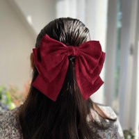 Maroon Red Satin Hair Bow Christmas Gift For Woman Bachelorette Party Hen Do Shiny Layered With Barrette | Etsy (US)