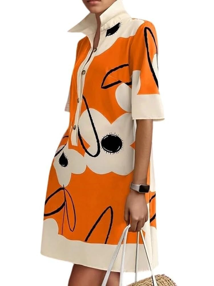 oshoplive Women's V Neck Shirt Dress 3/4 Sleeve Vacation Dresses with Contrast Trim Collar Loose ... | Amazon (US)