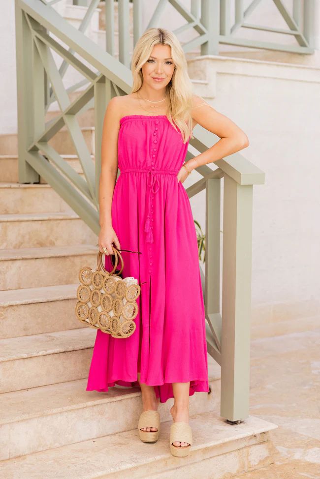 Timeless Photo Magenta Strapless Button Detail Midi Dress | Pink Lily