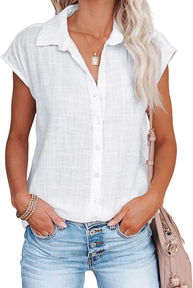 Linen Shirts for Women Cap Sleeve V Neck Collared Button Down Shirts Blouses Casual Loose Lightwe... | Amazon (US)