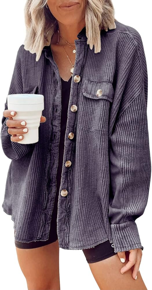 chouyatou Women's Loose Fit Batwing Sleeve Waffle Knit Button Down Shirt Shacket Tops | Amazon (US)