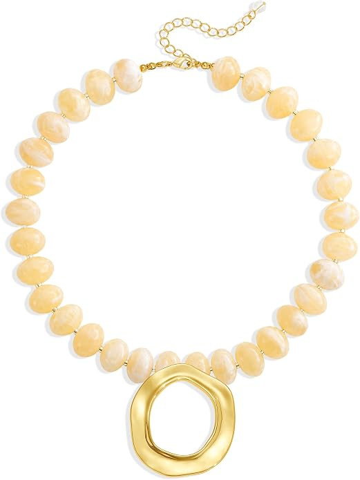 YUJIE Boho Chunky Pendant Necklace for Women, Statement Hollow Gold Circle Pendant, Cream Ivory R... | Amazon (US)