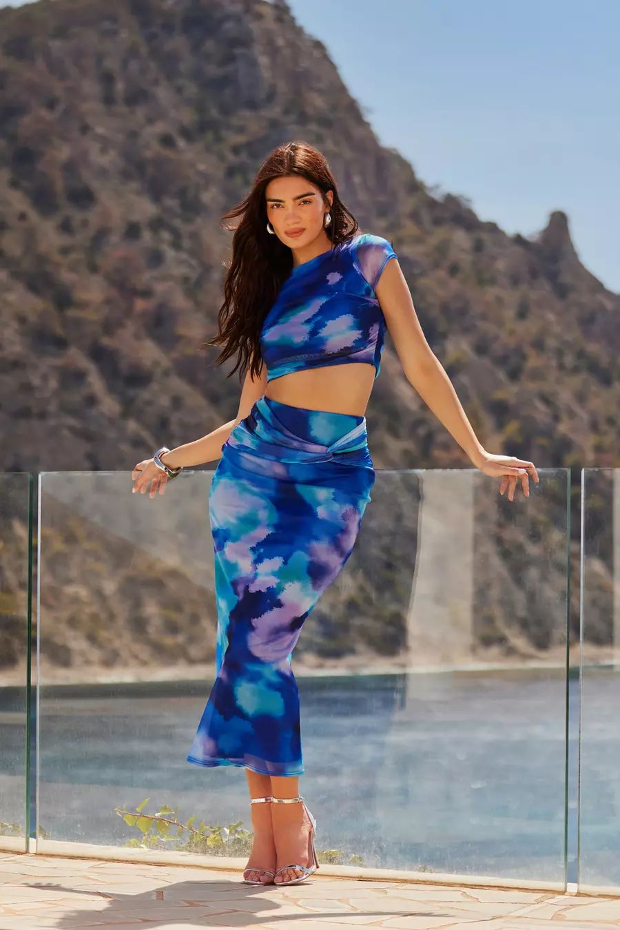 Blue Mesh Tie Dye Print Midaxi Skirt | Quiz Clothing