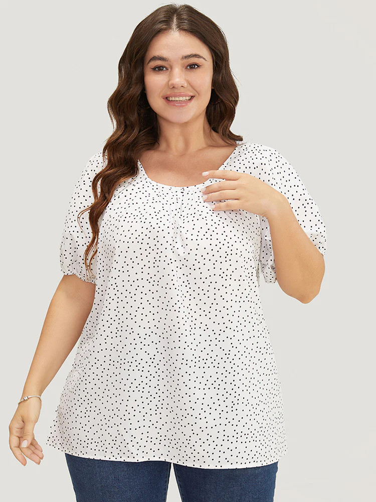 Polka Dot Pleated Round Neck Puff Sleeve Blouse | Bloomchic